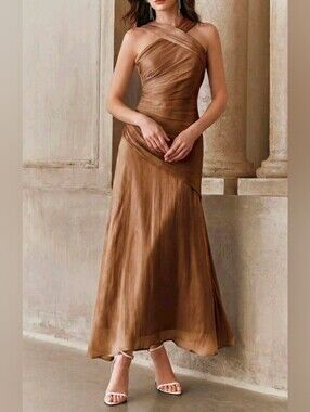 New Luxe Metallic Twist Halter Asymmetrical Midi Dress Latte Brown Tan